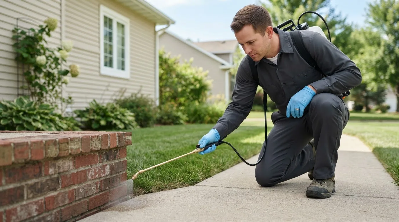Pest control technician treating a home near Brackettville, TX
