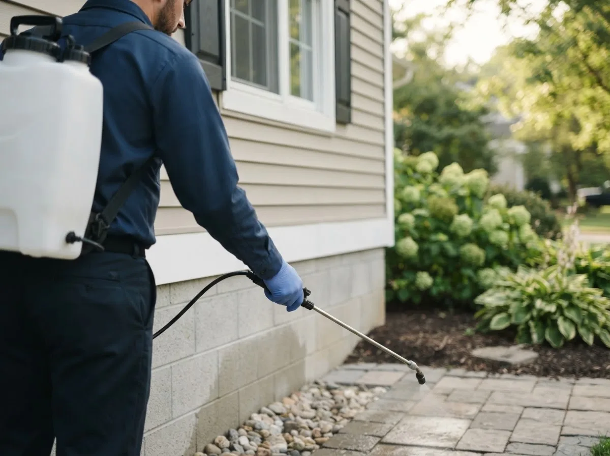 Pest control technician inspecting a home in Brackettville, TX